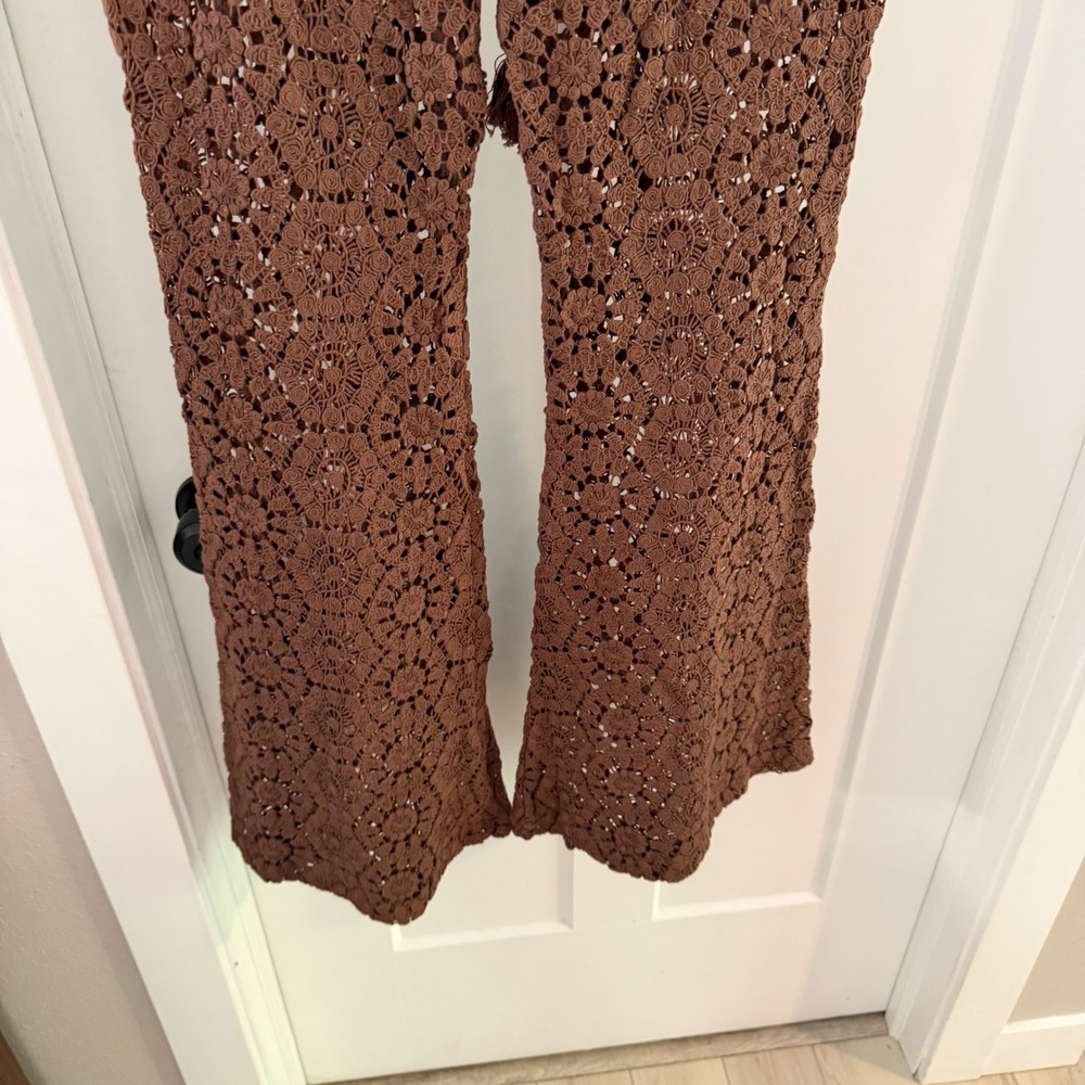 Spell & the Gypsy Helena Crochet Lace Bells Chocolate Brown Flare Pants Boho M - Picture 9 of 10